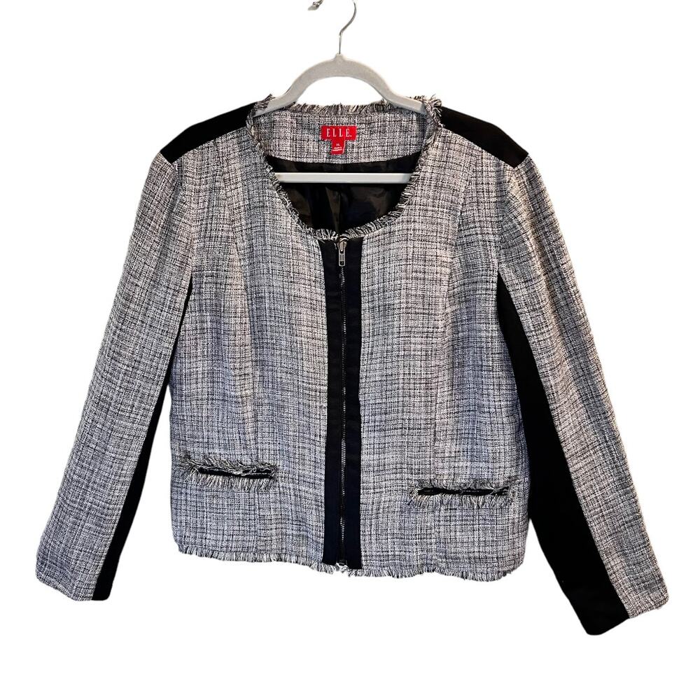 Elle Women's Black Grey Zip Up Long Sleeve Tweed Jackets Fringe Size XL